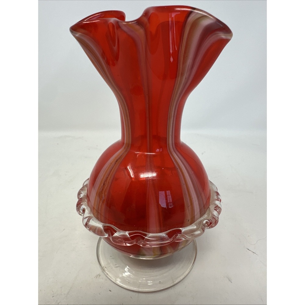 Vintage 50's Red Swirly Italian Art Glass Vase White, Yellow & Green Swirls